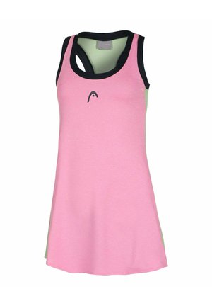 Robe de sport rose sans manches avec un bord noir autour de l'encolure et des épaules, avec un petit logo noir sur la poitrine.