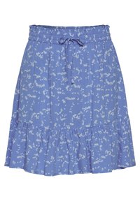 Blå kjol med små vita blommönster, elastisk midja med knytbar dragsko och en volangkant.