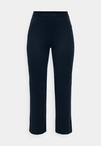 Pantalon droit bleu marine avec une texture lisse et une taille élastique arborant un subtil logo Calvin Klein sur le bandeau.