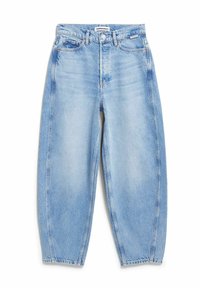 Light blue high-waisted denim jeans with a relaxed fit, featuring front pockets, belt loops, and a button closure.