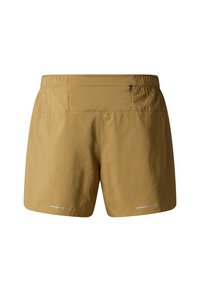 Shorts in a tan color, featuring an elastic waistband and a smooth, lightweight fabric. Includes reflective accents on the hem.