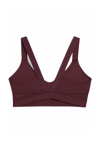 Burgundska sportska bralette s V-izrezom, širokim podesivim trakama i teksturiranim panelima sa strane. Bešavna konstrukcija.
