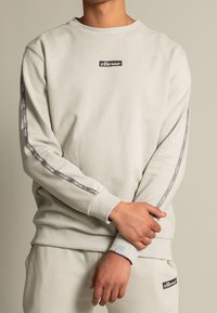Felpa grigia chiara realizzata in tessuto morbido, con collo a giro, patch con logo sul petto e design con nastro a contrasto lungo le maniche.