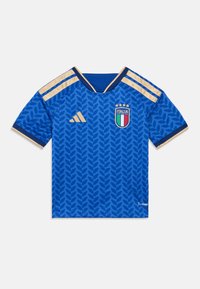 Μπλέ ποδοσφαιρική εμφάνιση με σχέδιο φύλλων, χρυσές λεπτομέρειες και σχέδιο v-neck. Περιλαμβάνει το έμβλημα της Ιταλίας και τρία αστέρια πάνω από αυτό.