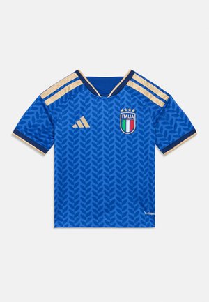 Blaues Fußballtrikot mit Blattmuster, goldenen Akzenten und V-Ausschnitt. Enthält das Emblem von Italien und drei Sterne darüber.