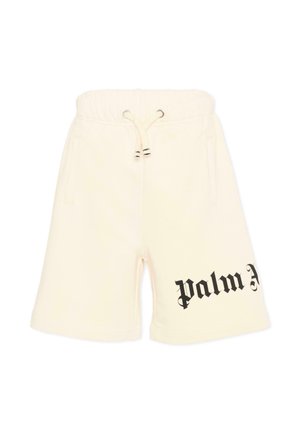 Shorts casual color crema con vita elasticizzata, coulisse, tasche laterali e testo "Palm" in stile gotico nero sulla parte inferiore della gamba destra.