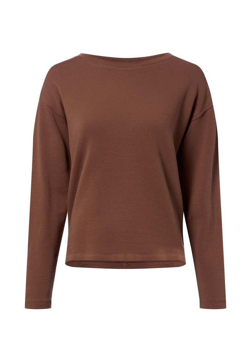 Brązowa bluzka z długim rękawem o okrągłym dekolcie i obniżonej linii ramion. Wykonana z miękkiego materiału, o swobodnym kroju i prostym obszyciu.