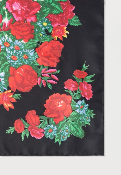 Black fabric featuring a floral pattern with large red roses, green leaves, and smaller blue and pink flowers. Smooth texture, vibrant colors.