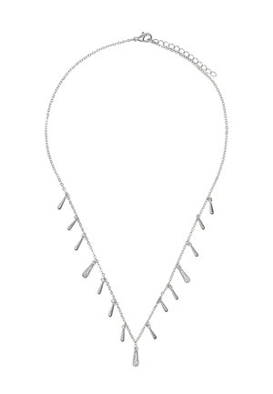 Srebrny naszyjnik z cienkim łańcuszkiem, o kształcie V, z akcentami w formie kropli. Zawiera błyszczące i gładkie elementy oraz regulowaną długość.