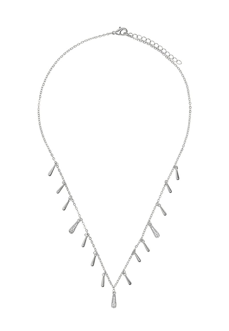 Srebrny naszyjnik z cienkim łańcuszkiem, o kształcie V, z akcentami w formie kropli. Zawiera błyszczące i gładkie elementy oraz regulowaną długość.