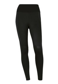 Zwarte leggings van rekbaar materiaal met een hoge tailleband, een gladde textuur en subtiele zijpanelen van gaas voor ademend vermogen.