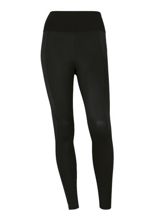 Zwarte leggings van rekbaar materiaal met een hoge tailleband, een gladde textuur en subtiele zijpanelen van gaas voor ademend vermogen.