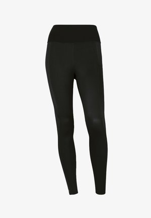 Schwarze Leggings aus dehnbarem Material mit hohem Bund, glatter Textur und dezenten seitlichen Mesh-Einsätzen für Atmungsaktivität.