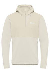Lichtbeige pullover hoodie met lange mouwen, halve rits en Jack Wolfskin-logo op de borst. Glad stof met een sportief ontwerp.