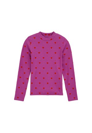 Chemise à manches longues violette avec une texture côtelée, ornée d'un motif de petits cœurs rouges répartis uniformément sur le tissu.
