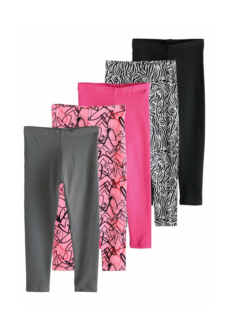 Cinq paires de leggings : gris, rose avec des motifs abstraits noirs, rose uni, noir avec des rayures zèbre blanches et noir uni. Tous avec des ceintures élastiques.