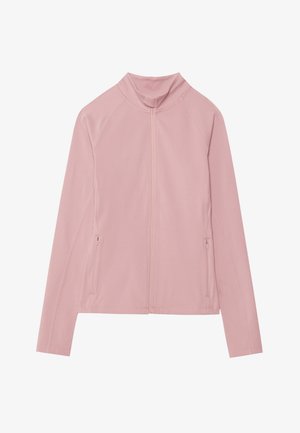 Pink zip-up jacket with a high collar, made of smooth, stretchy fabric. Features two side pockets and raglan sleeves for ease of movement.