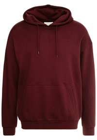 Felpa cappuccio bordeaux realizzata in tessuto morbido, con cappuccio regolabile, tasca frontale e polsini e orlo a coste.