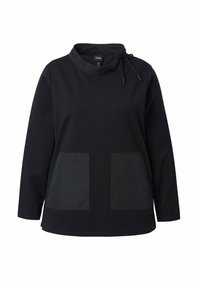 Pull noir à col montant, avec fermeture à cordon, et deux grandes poches avant avec une finition mate. Tissu au toucher doux.