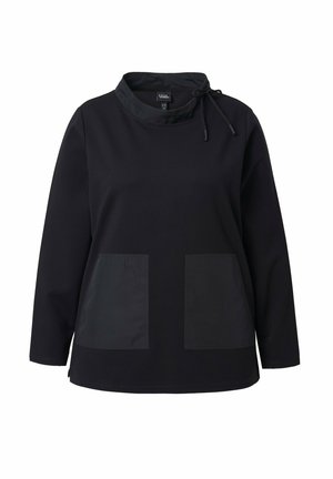 Black pullover top with a high neckline, drawstring closure, and two large front pockets with a matte finish. Soft fabric texture.