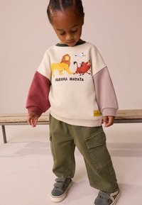 Kremowa bluza z czerwonymi i różowymi rękawami, z wizerunkiem lwa, guźca i napisem "Hakuna Matata". Oliwkowe spodnie cargo i szare sneakersy.