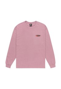Langærmet t-shirt i blød lyserød bomuld. Har et lille grafisk design i sort og rødt på venstre bryst. Rund hals og tætsiddende manchetter.