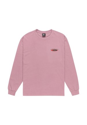 Long-sleeve t-shirt in soft pink cotton. Features a small graphic design in black and red on the left chest. Crew neck and fitted cuffs.