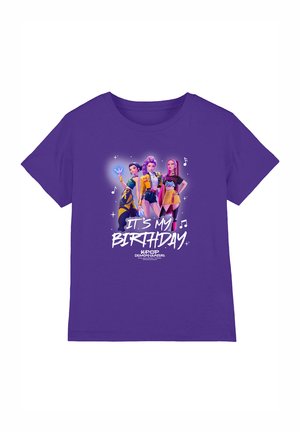 Purple T-shirt with three animated female characters and text "IT'S MY BIRTHDAY" and "KPOP DEMON HUNTERS" in white below them.