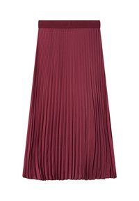 Burgundyfärgad plisserad midikjol med ett brett elastiskt midjeband, som har vertikala plisseringar och en slät yta, vilket ger en flödande silhuett.