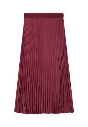 Falda midi plisada burdeos con una amplia cintura elástica, que presenta pliegues verticales y una textura suave, proporcionando una silueta fluida.