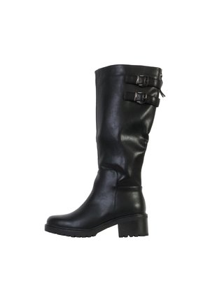 Sort læderstøvle, der går til midt på læggen, med to justerbare remme i siden og en chunky lav hæl.