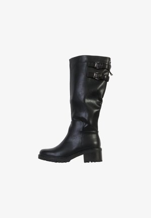 Zwarte leren laars tot halverwege de kuit met twee verstelbare zijriemen en een stevige lage hak.