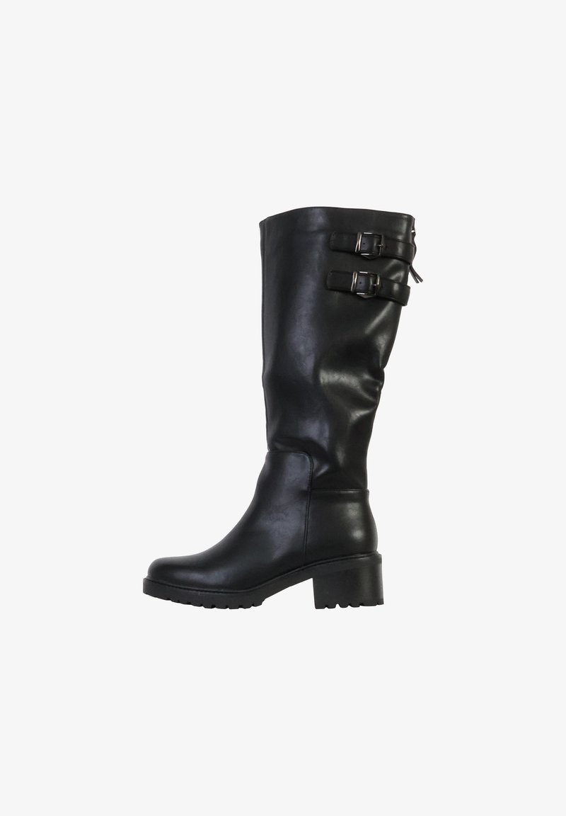 Botte noire en cuir mi-mollet avec deux sangles latérales ajustables et un talon bas épais.