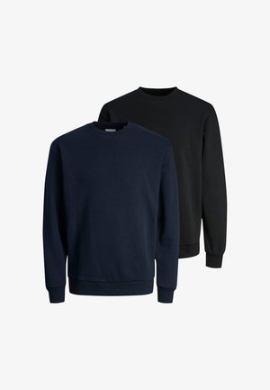 Twee crewneck sweatshirts in marineblauw en zwart. Beide hebben lange mouwen, zijn gemaakt van zacht materiaal en hebben geribbelde boorden en hemdetails.