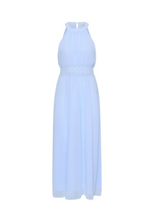 Lyseblå ærmeløs maxikjole med høj halsudskæring og blonderdetalje ved taljen, flydende nederdel og knaplukning bagpå.