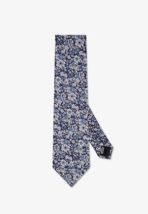 Granatowy krawat z gęstym wzorem białych, jasnoróżowych i jasnoniebieskich kwiatowych motywów.