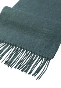Sciarpa in lana verde scuro con una texture morbida e bordi frangiati, caratterizzata da una finitura liscia e una forma rettangolare.