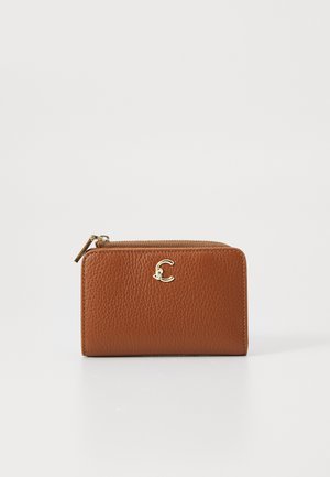 Brown textured leather wallet with a gold logo. Compact design, zip closure, and a smooth exterior. Suitable for coins and cards.