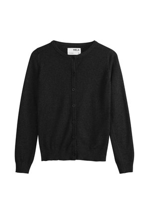 Dunkelgrauer, gestrickter Cardigan mit rundem Halsausschnitt, Knopfverschluss vorne, gerippten Bündchen und Saum. Weicher Stoff und taillierte Passform. Größe XS.