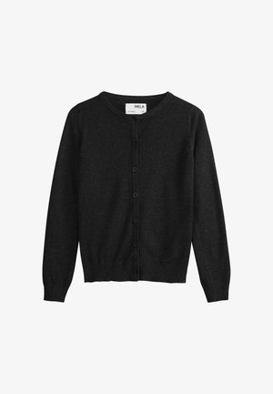 Dunkelgrauer, gestrickter Cardigan mit rundem Halsausschnitt, Knopfverschluss vorne, gerippten Bündchen und Saum. Weicher Stoff und taillierte Passform. Größe XS.