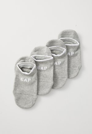 Sive niske čarape do gležnjeva sa bijelim "GAP" logotipom, s glatkom teksturom i kontrastnim bijelim rubom. Četiri para uredno raspoređena.