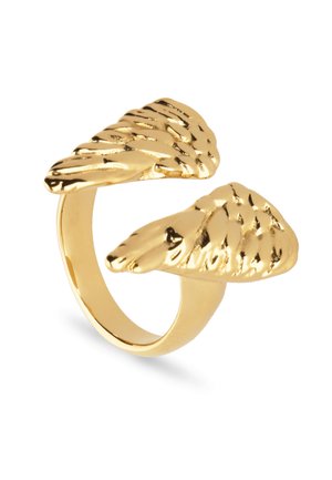 Anillo de oro con dos diseños de alas estilizadas, detalles texturizados y acabado pulido, banda abierta para un ajuste ajustable.