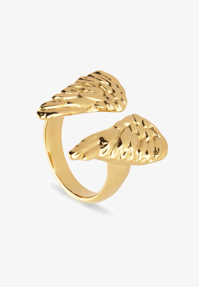 Anillo de oro con dos diseños de alas estilizadas, detalles texturizados y acabado pulido, banda abierta para un ajuste ajustable.
