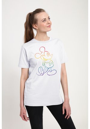 T-shirt bianco in cotone con un contorno multicolore di un personaggio dei cartoni animati, maniche corte e scollo rotondo, dal taglio rilassato.