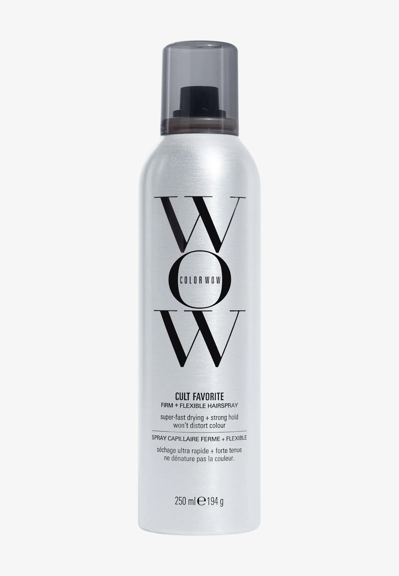 Silberne Dose von Color Wow Cult Favorite, fester und flexibler Haarspray mit schwarzem Text und transparentem Sprühkopf.
