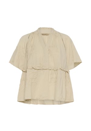 Beige kortærmet bluse med blomsterbroderi, flæsekant, V-udskæring og løs, lagdelt stofdesign.