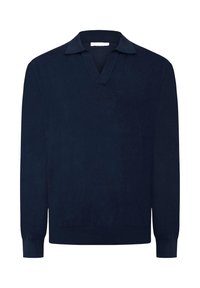 Pullover in maglina blu navy con scollo a V e colletto corto, dotato di maniche lunghe e polsini e orlo a costine. Texture morbida e colore uniforme.