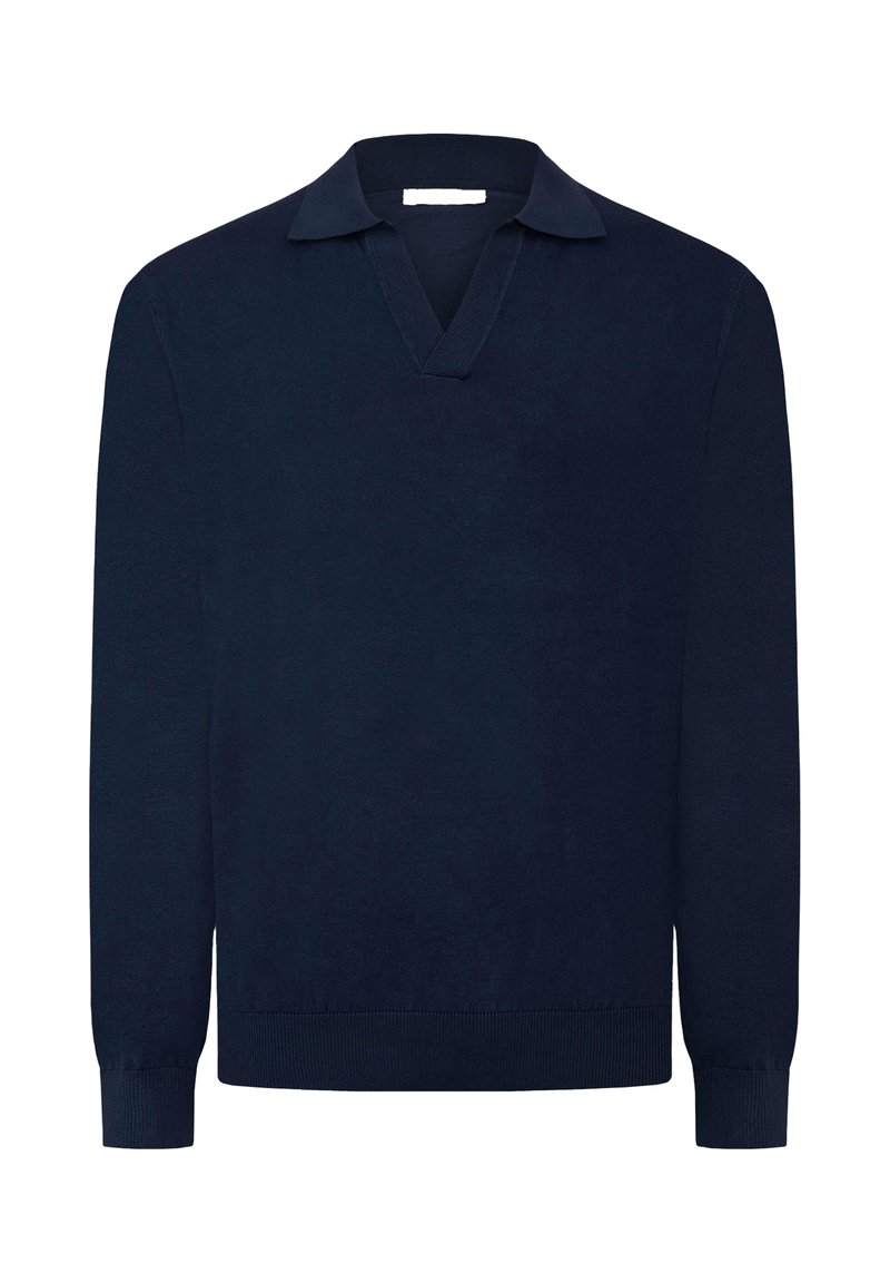 Pullover in maglina blu navy con scollo a V e colletto corto, dotato di maniche lunghe e polsini e orlo a costine. Texture morbida e colore uniforme.