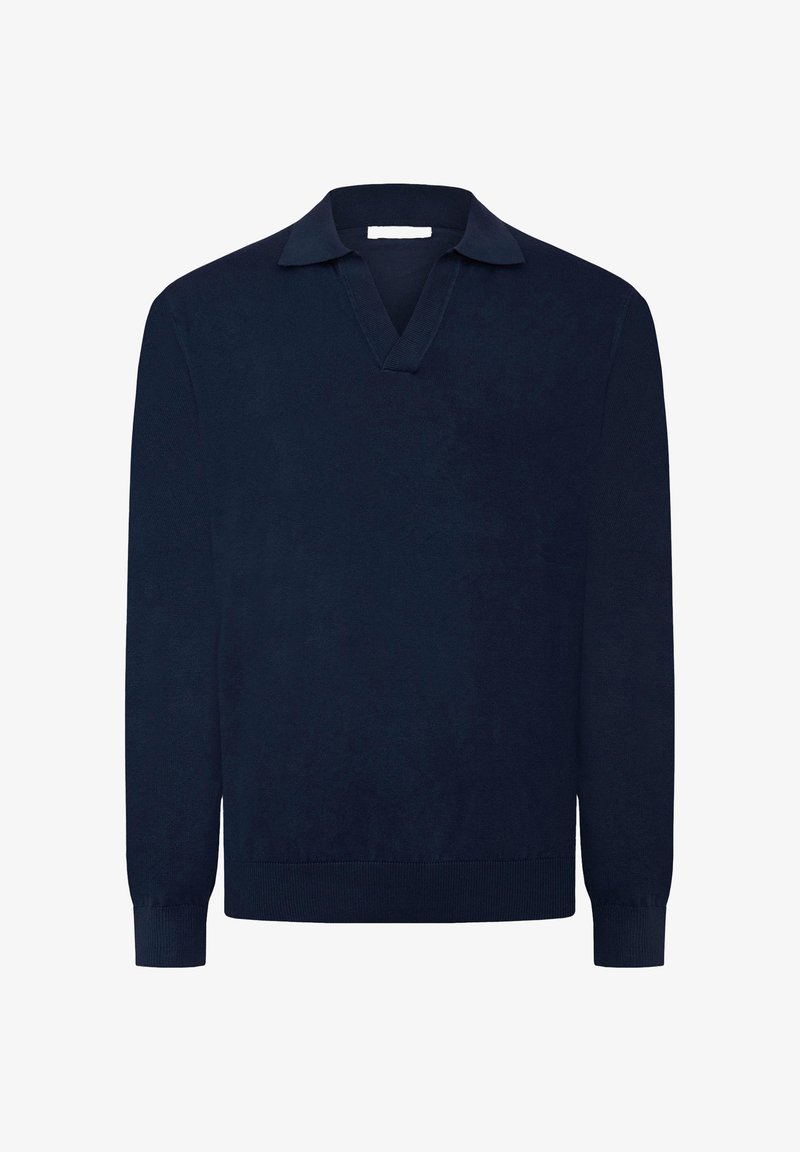 Pullover in maglina blu navy con scollo a V e colletto corto, dotato di maniche lunghe e polsini e orlo a costine. Texture morbida e colore uniforme.