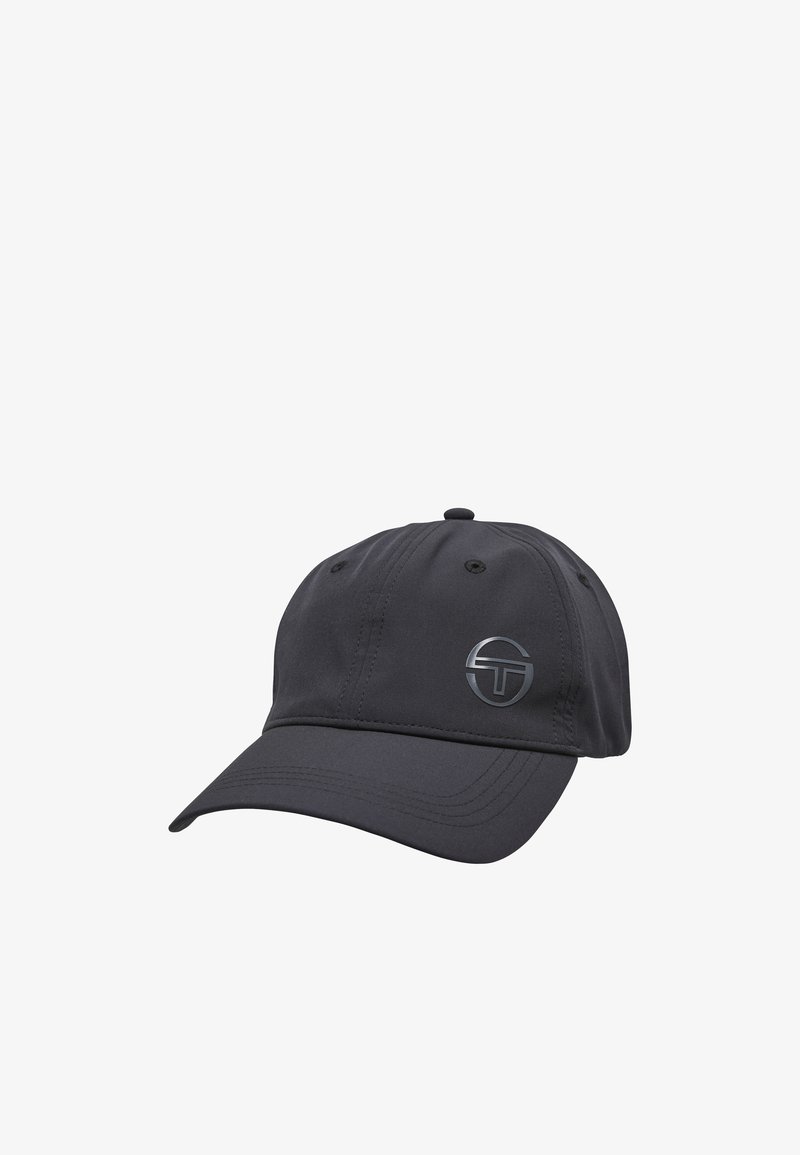 Casquette de baseball noire avec une visière incurvée et un petit logo rond affichant un "T" stylisé sur le devant droit.